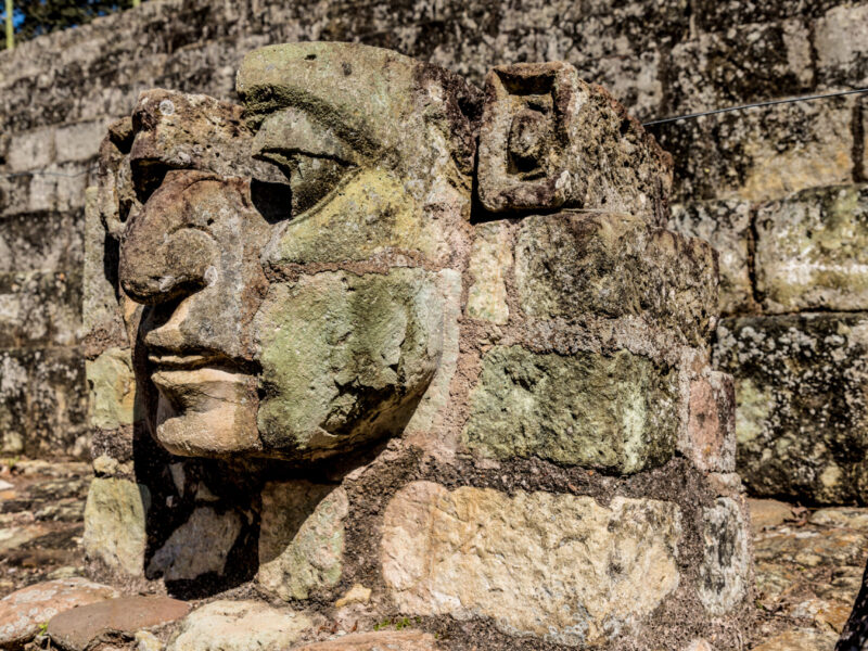 A view of some of the head carvings at the UNESCO world heritage site at Copan Ruins in Honduras.