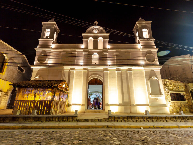 The church at night of Copan Ruinas in the square. Honduras